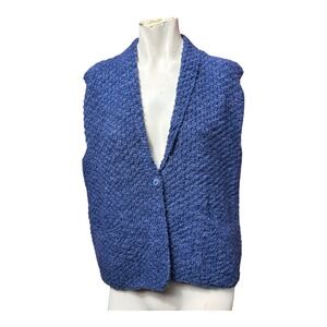 Blue Knit Button Front Vest Shawl Collar Pockets